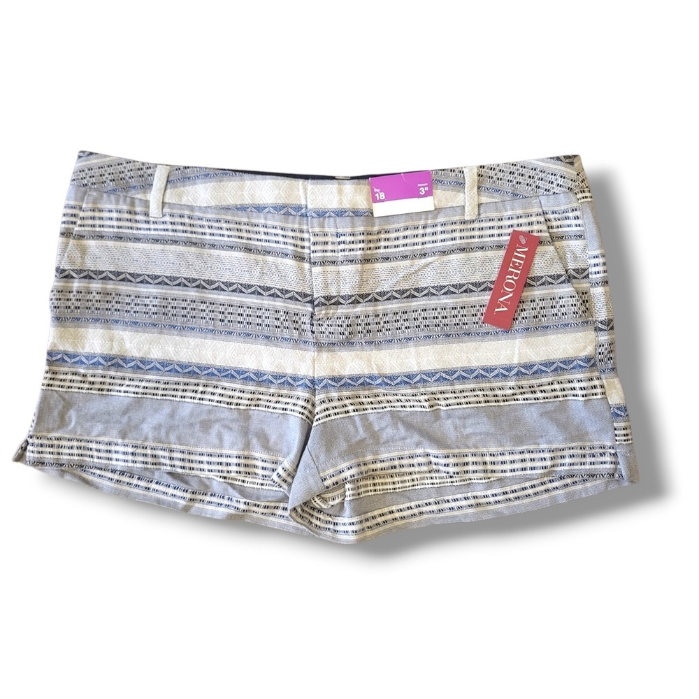 NWT Merona Womens 18 Geometric Stripe Chino Shorts Blue Gray Beige 3" Inseam
